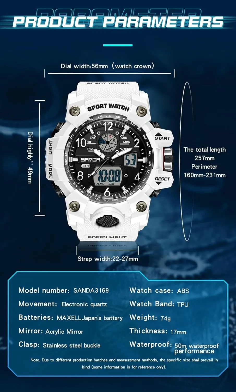 Gosasa Military Style Digital Analog Watch, Large Face 2.2", 50m Water Resistant, Dual Time Zone, Alarm, LED Backlight, Stopwatch, PU Strap