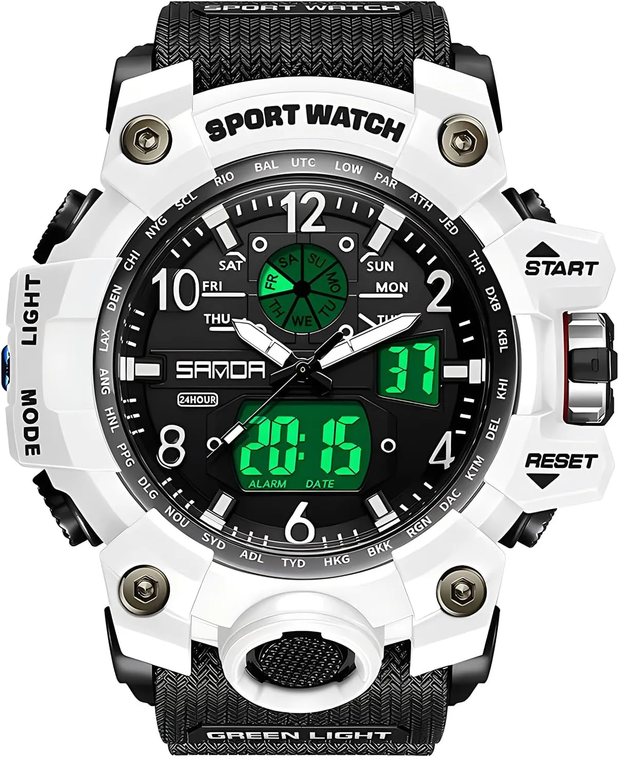 Gosasa Military Style Digital Analog Watch, Large Face 2.2", 50m Water Resistant, Dual Time Zone, Alarm, LED Backlight, Stopwatch, PU Strap