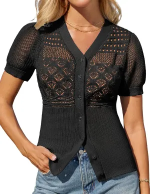 GRACE KARIN Women 2025 Short Sleeve Cardigan Sweater Lightweight Crochet Shrug Puff Sleeve Button Hollowed-Out Knit Tops