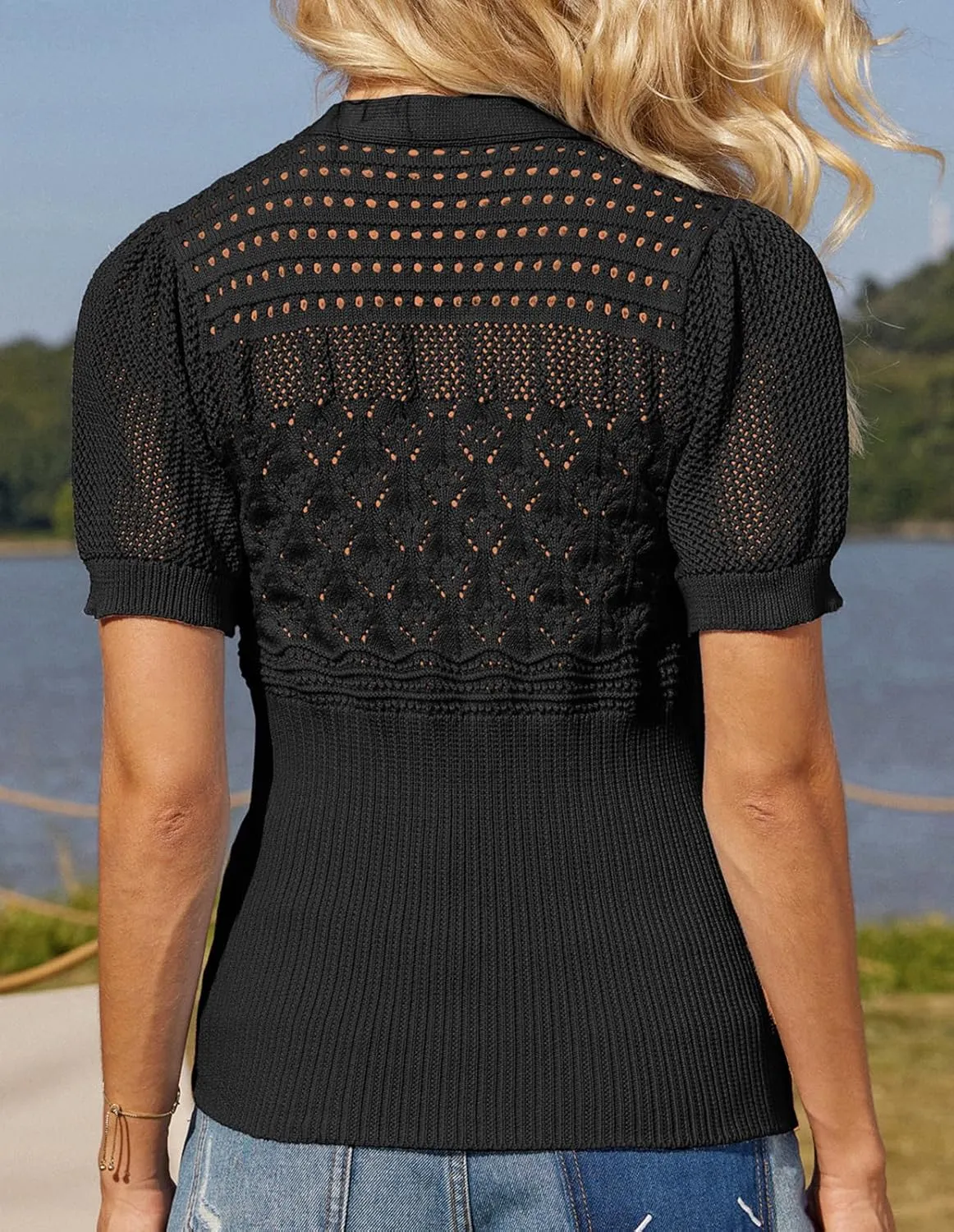 GRACE KARIN Women 2025 Short Sleeve Cardigan Sweater Lightweight Crochet Shrug Puff Sleeve Button Hollowed-Out Knit Tops