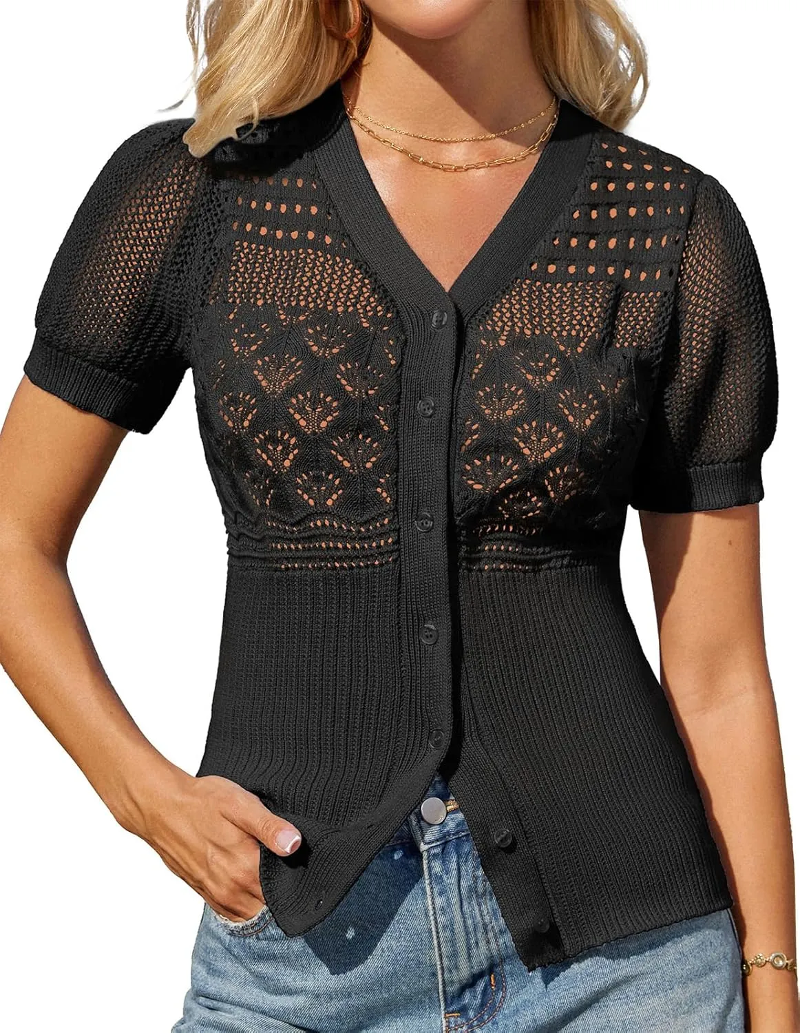 GRACE KARIN Women 2025 Short Sleeve Cardigan Sweater Lightweight Crochet Shrug Puff Sleeve Button Hollowed-Out Knit Tops