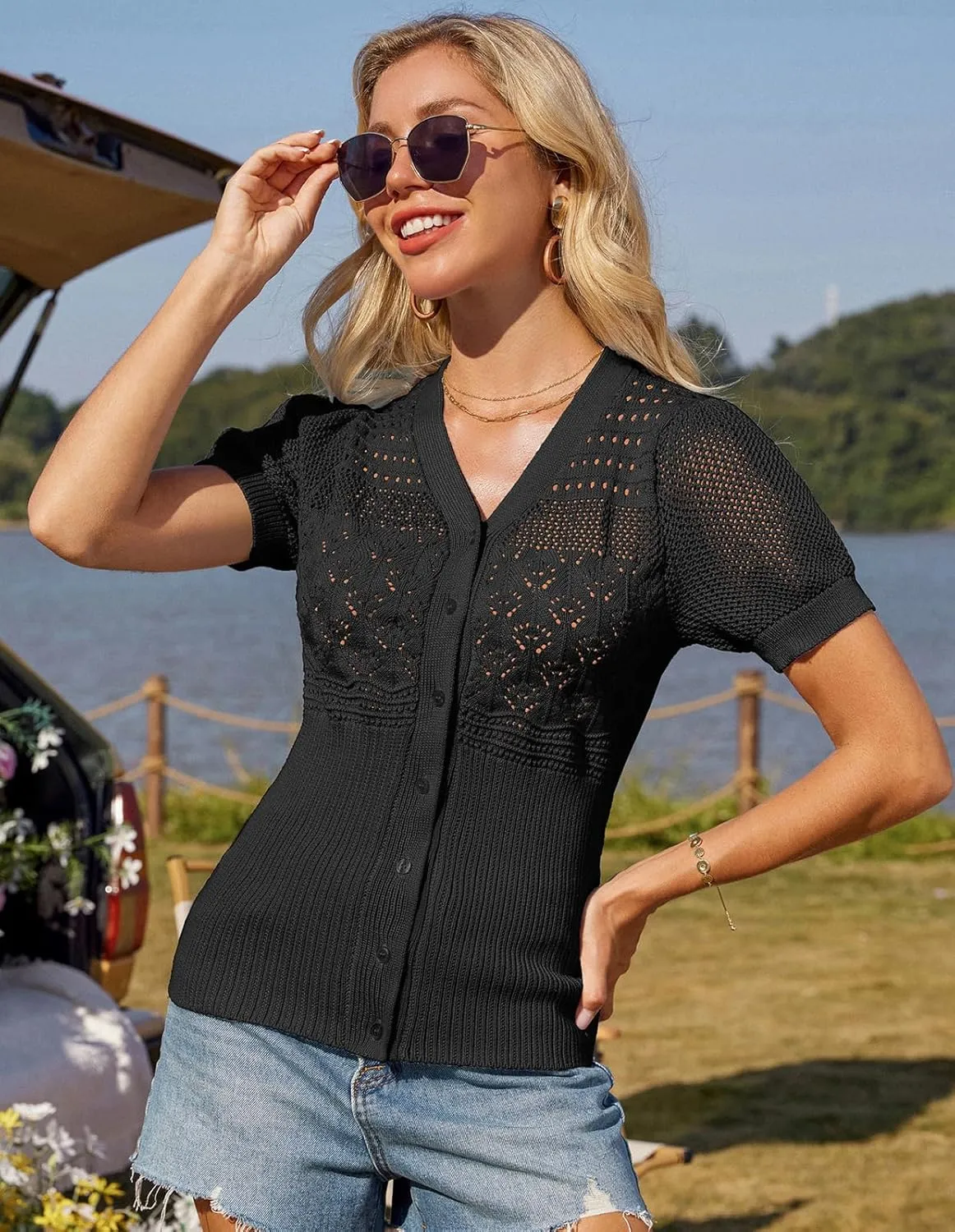 GRACE KARIN Women 2025 Short Sleeve Cardigan Sweater Lightweight Crochet Shrug Puff Sleeve Button Hollowed-Out Knit Tops