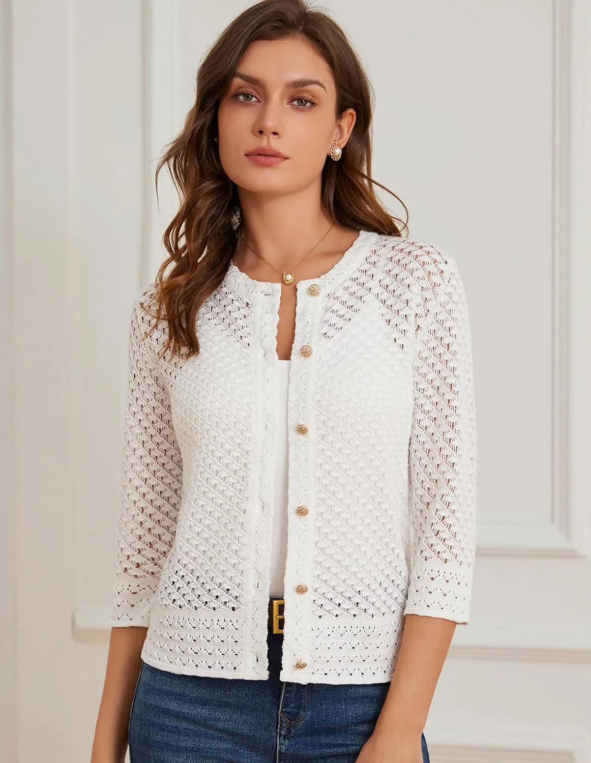 GRACE KARIN Women 3/4 Sleeve Crochet Cardigan 2025 Summer Cardigan Sweater Hollow Out Lightweight Gold Button Cardigan