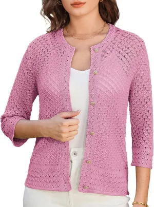 GRACE KARIN Women 3/4 Sleeve Crochet Cardigan 2025 Summer Cardigan Sweater Hollow Out Lightweight Gold Button Cardigan