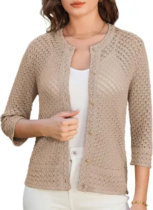 GRACE KARIN Women 3/4 Sleeve Crochet Cardigan 2025 Summer Cardigan Sweater Hollow Out Lightweight Gold Button Cardigan
