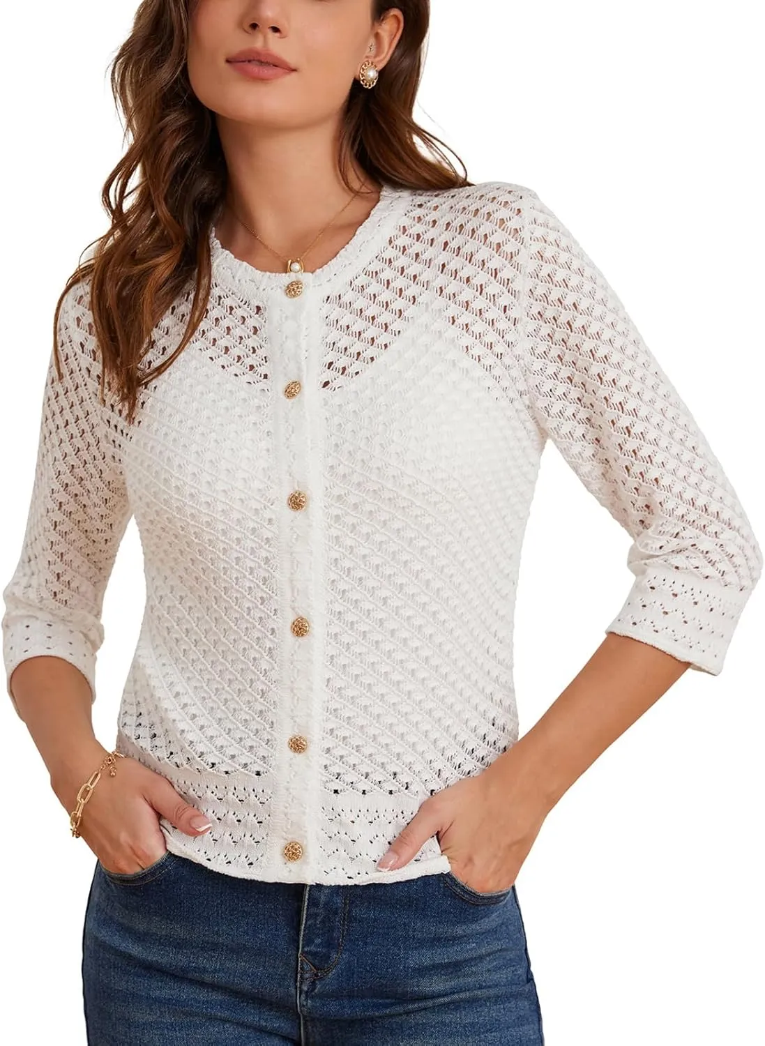 GRACE KARIN Women 3/4 Sleeve Crochet Cardigan 2025 Summer Cardigan Sweater Hollow Out Lightweight Gold Button Cardigan