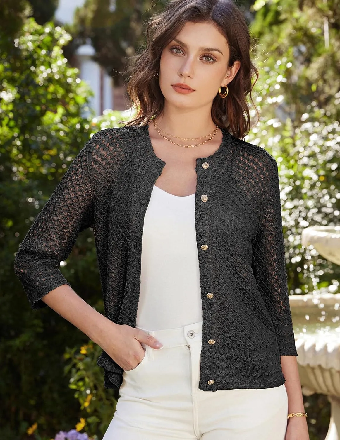 GRACE KARIN Women 3/4 Sleeve Crochet Cardigan 2025 Summer Cardigan Sweater Hollow Out Lightweight Gold Button Cardigan