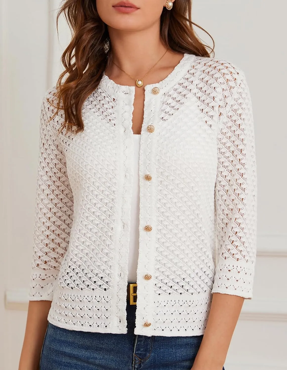 GRACE KARIN Women 3/4 Sleeve Crochet Cardigan 2025 Summer Cardigan Sweater Hollow Out Lightweight Gold Button Cardigan