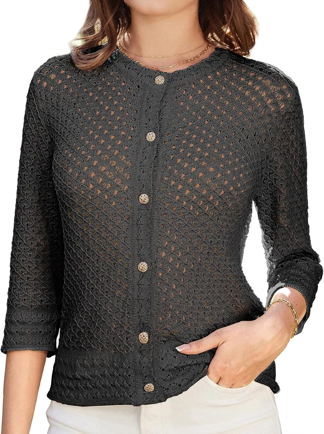 GRACE KARIN Women 3/4 Sleeve Crochet Cardigan 2025 Summer Cardigan Sweater Hollow Out Lightweight Gold Button Cardigan