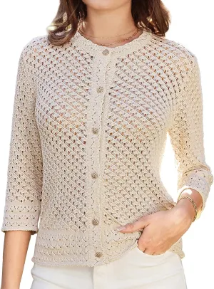 GRACE KARIN Women 3/4 Sleeve Crochet Cardigan 2025 Summer Cardigan Sweater Hollow Out Lightweight Gold Button Cardigan
