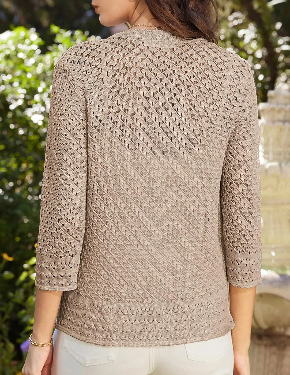 GRACE KARIN Women 3/4 Sleeve Crochet Cardigan 2025 Summer Cardigan Sweater Hollow Out Lightweight Gold Button Cardigan