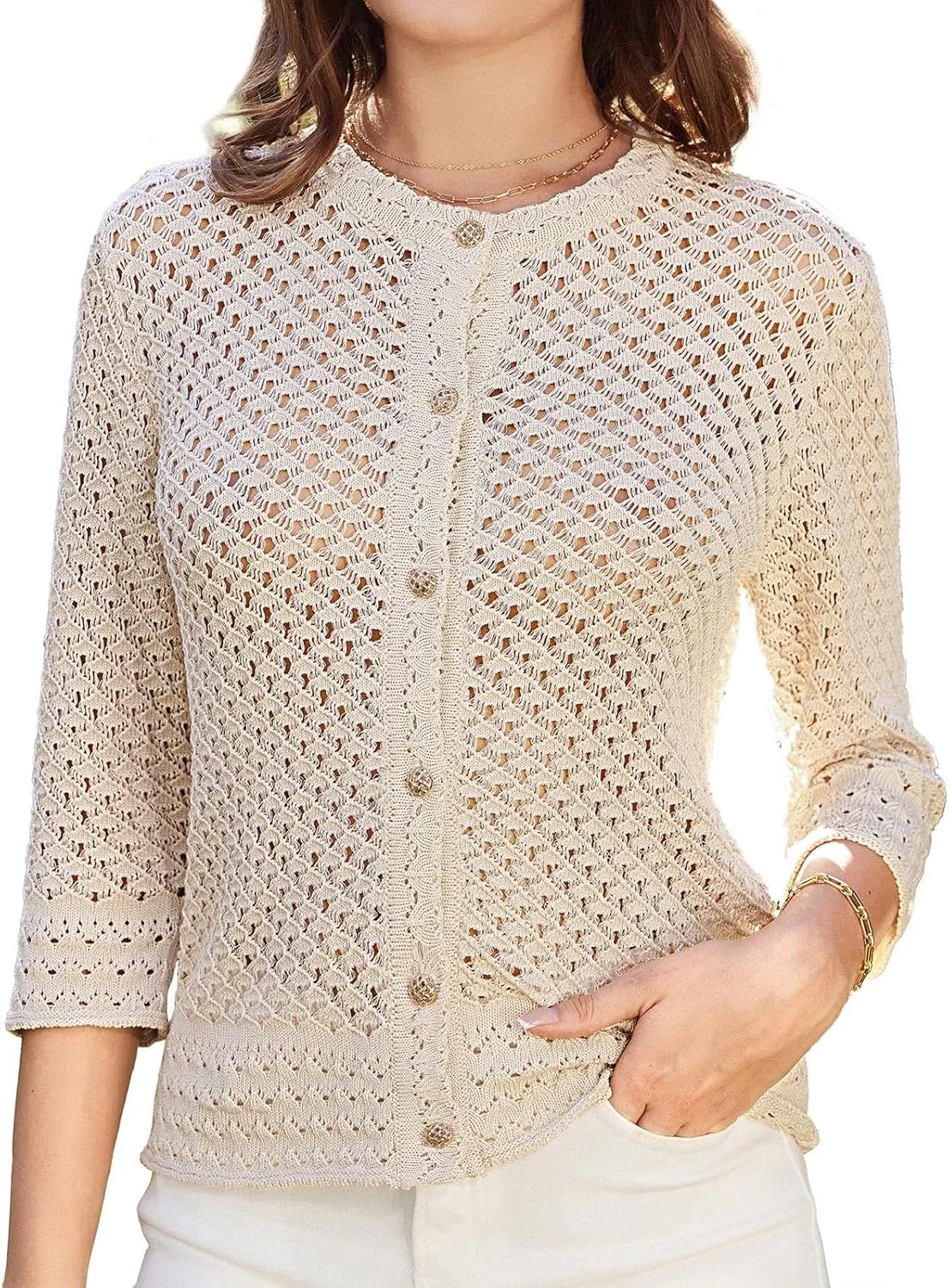 GRACE KARIN Women 3/4 Sleeve Crochet Cardigan 2025 Summer Cardigan Sweater Hollow Out Lightweight Gold Button Cardigan