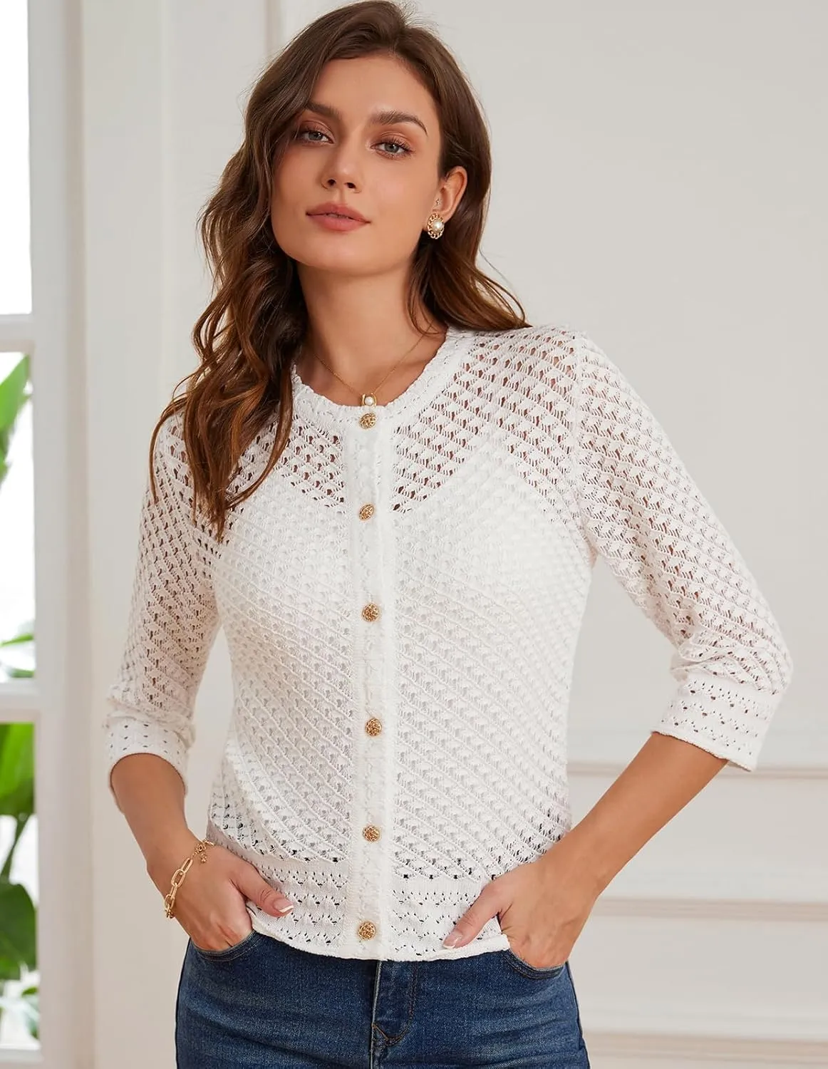 GRACE KARIN Women 3/4 Sleeve Crochet Cardigan 2025 Summer Cardigan Sweater Hollow Out Lightweight Gold Button Cardigan