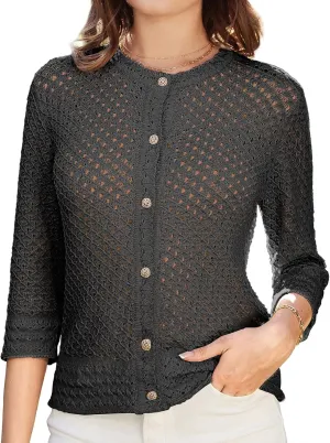 GRACE KARIN Women 3/4 Sleeve Crochet Cardigan 2025 Summer Cardigan Sweater Hollow Out Lightweight Gold Button Cardigan