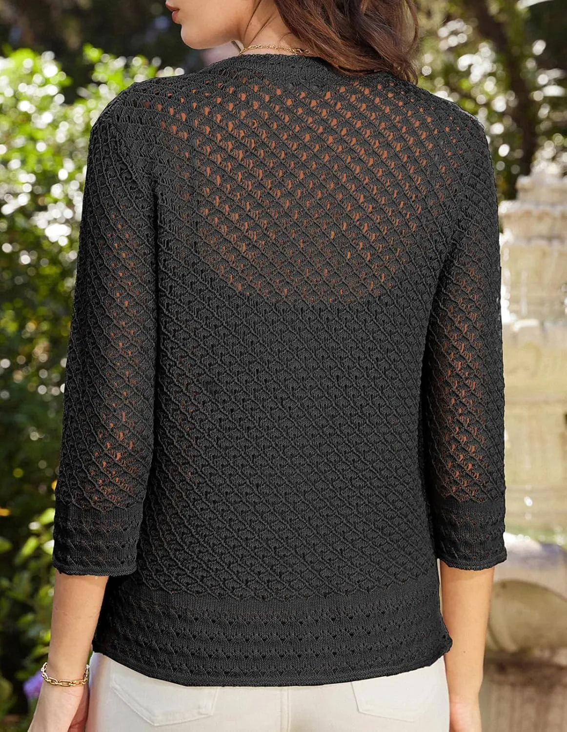 GRACE KARIN Women 3/4 Sleeve Crochet Cardigan 2025 Summer Cardigan Sweater Hollow Out Lightweight Gold Button Cardigan