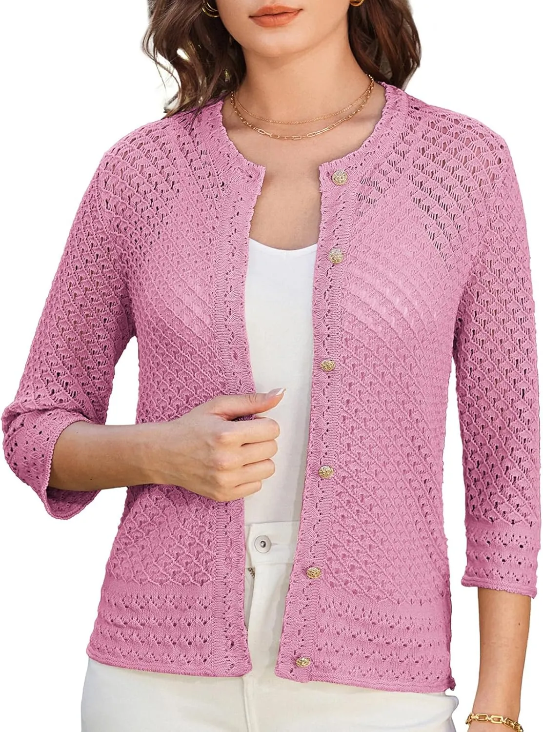 GRACE KARIN Women 3/4 Sleeve Crochet Cardigan 2025 Summer Cardigan Sweater Hollow Out Lightweight Gold Button Cardigan