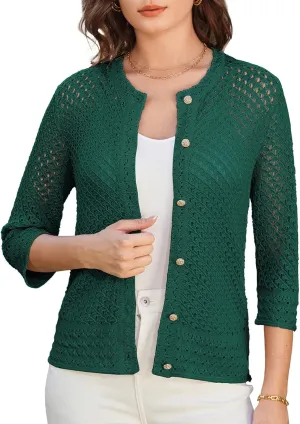 GRACE KARIN Women 3/4 Sleeve Crochet Cardigan 2025 Summer Cardigan Sweater Hollow Out Lightweight Gold Button Cardigan