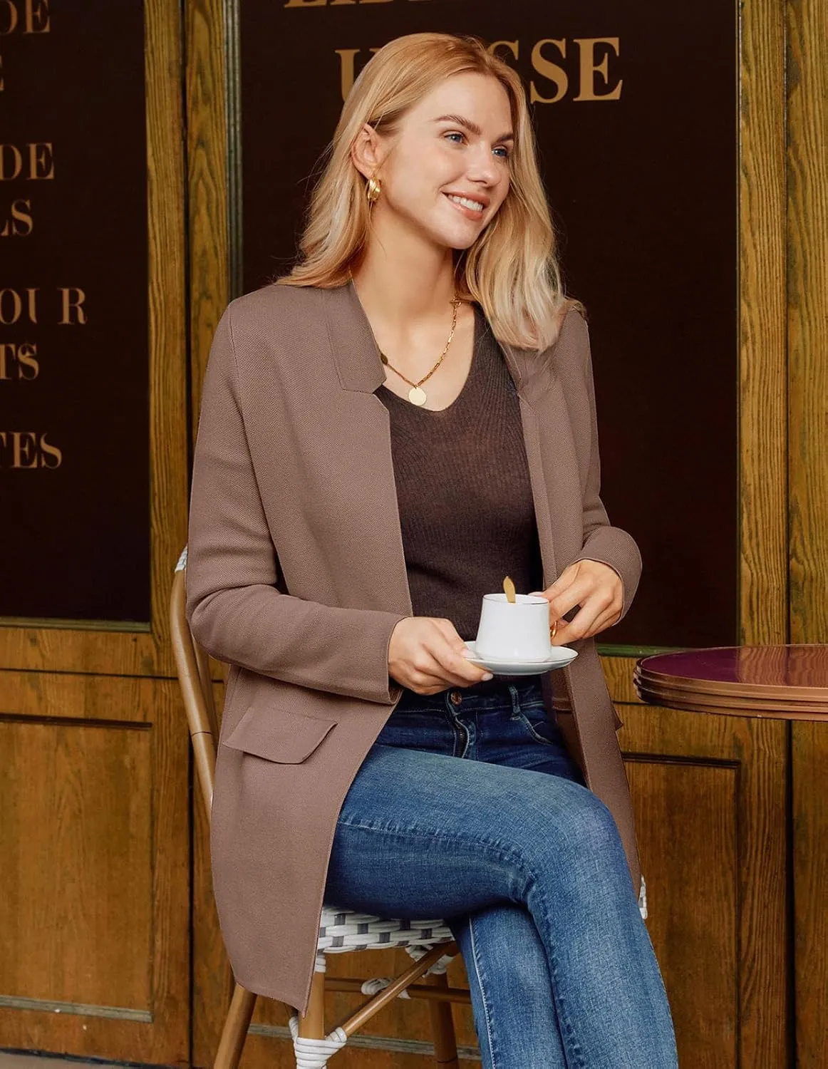 GRACE KARIN Women's 2025 Long Sleeve Knit Cardigan Coat Open Front Notch Collar Sweater Blazer Coatigan Jackets