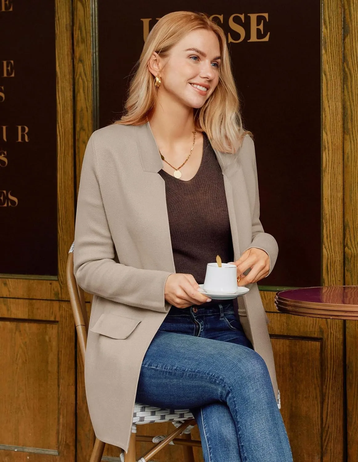 GRACE KARIN Women's 2025 Long Sleeve Knit Cardigan Coat Open Front Notch Collar Sweater Blazer Coatigan Jackets