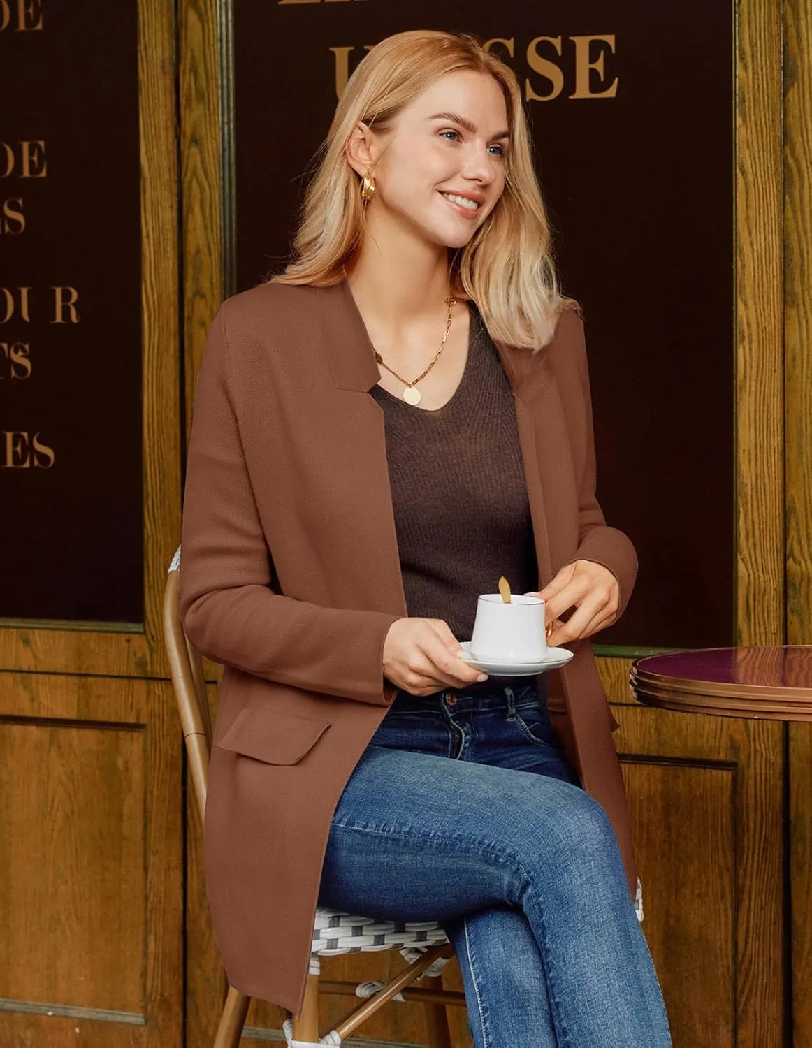 GRACE KARIN Women's 2025 Long Sleeve Knit Cardigan Coat Open Front Notch Collar Sweater Blazer Coatigan Jackets