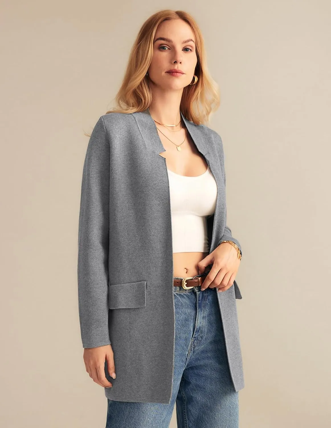 GRACE KARIN Women's 2025 Long Sleeve Knit Cardigan Coat Open Front Notch Collar Sweater Blazer Coatigan Jackets