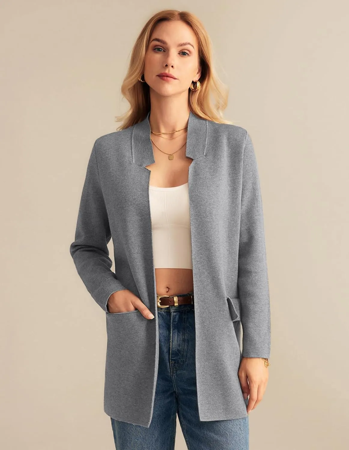 GRACE KARIN Women's 2025 Long Sleeve Knit Cardigan Coat Open Front Notch Collar Sweater Blazer Coatigan Jackets