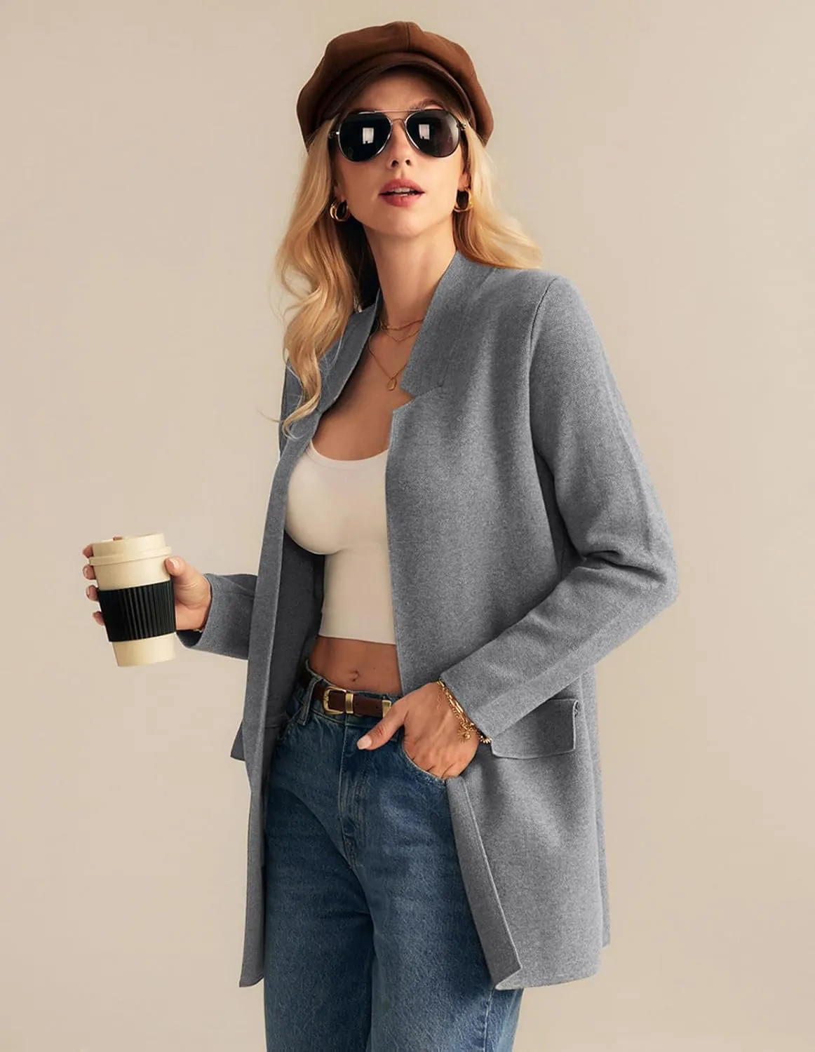 GRACE KARIN Women's 2025 Long Sleeve Knit Cardigan Coat Open Front Notch Collar Sweater Blazer Coatigan Jackets