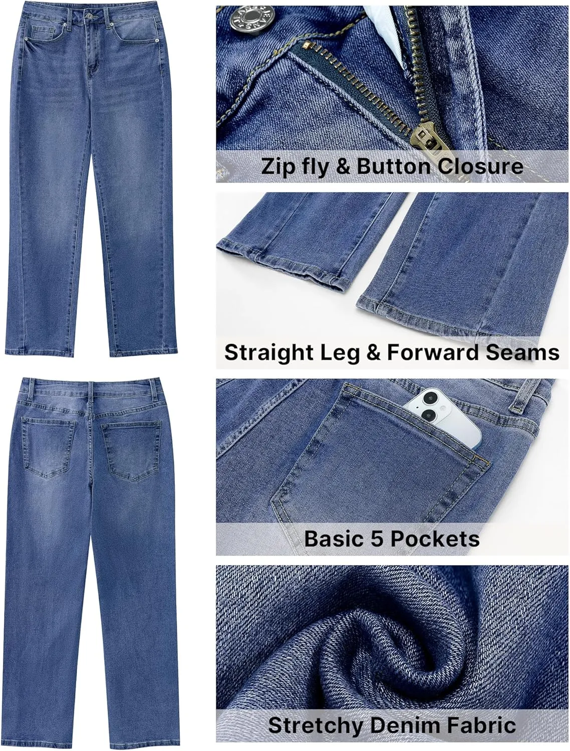 GRAPENT Straight Leg Jeans for Women High Waisted Trendy Ankle Length Forward Seams Stretchy Denim Pants Baggy Jeans
