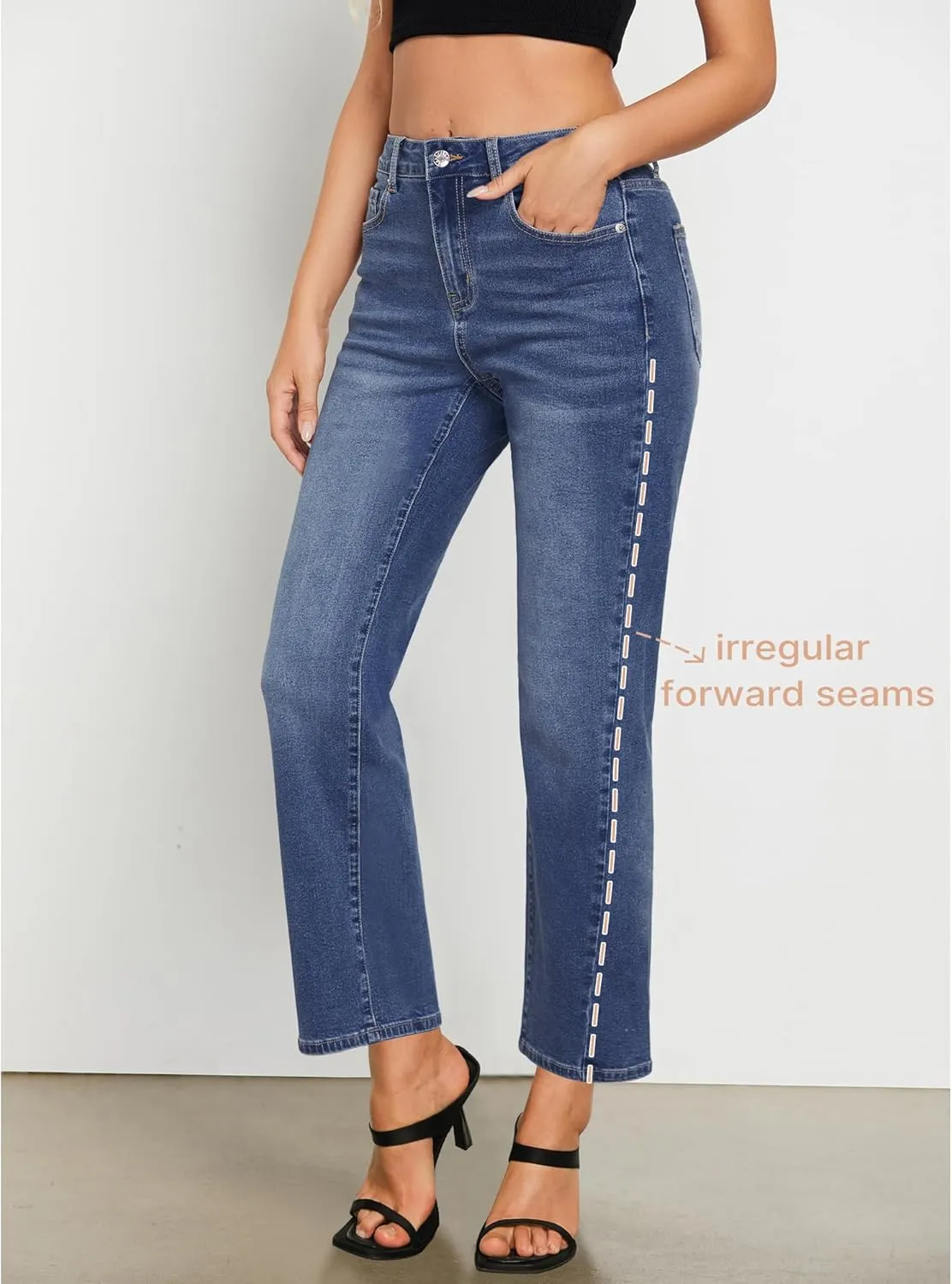 GRAPENT Straight Leg Jeans for Women High Waisted Trendy Ankle Length Forward Seams Stretchy Denim Pants Baggy Jeans