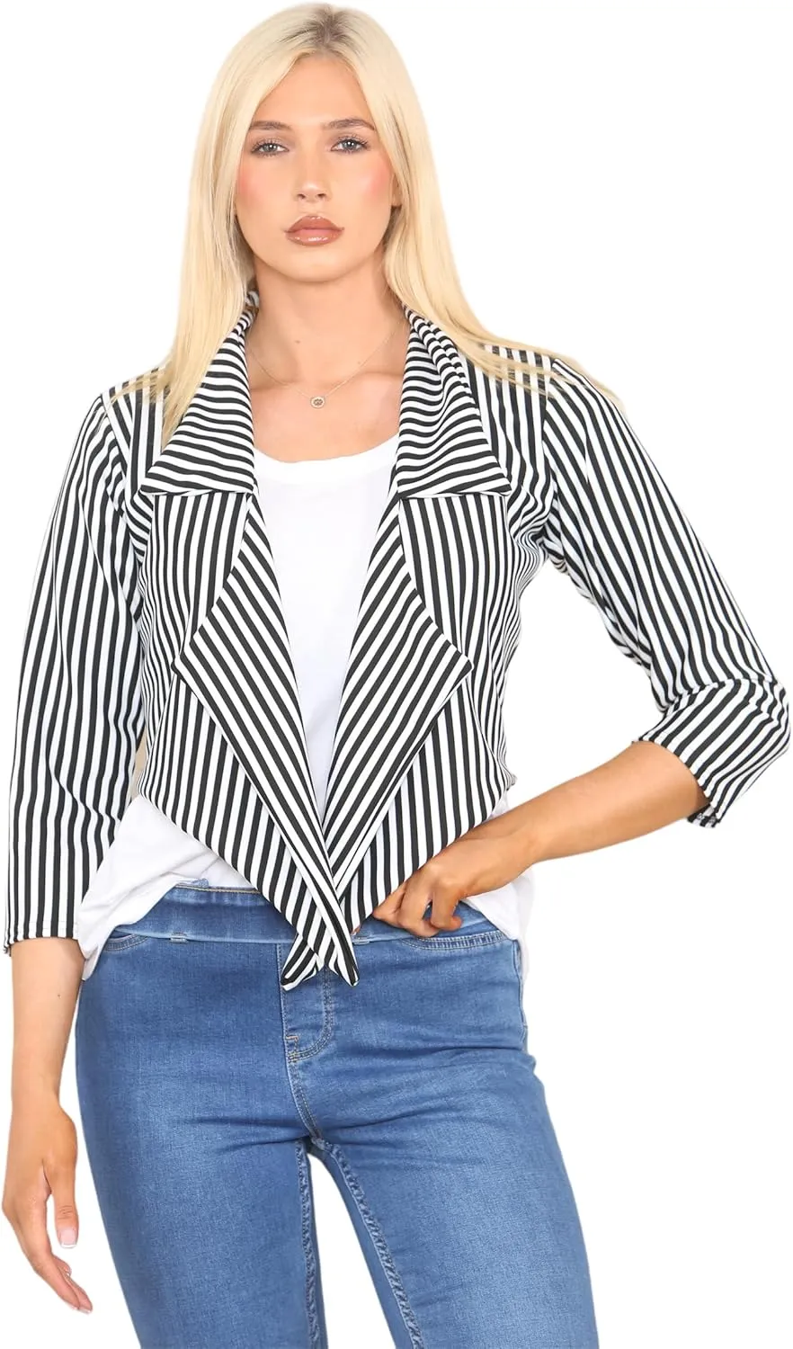 Grunge Wear Women's 3/4 Sleeve Vertical Stripes Print Open Front Blazer Coat Top Plus Size S-3XL