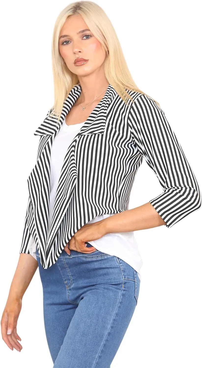 Grunge Wear Women's 3/4 Sleeve Vertical Stripes Print Open Front Blazer Coat Top Plus Size S-3XL