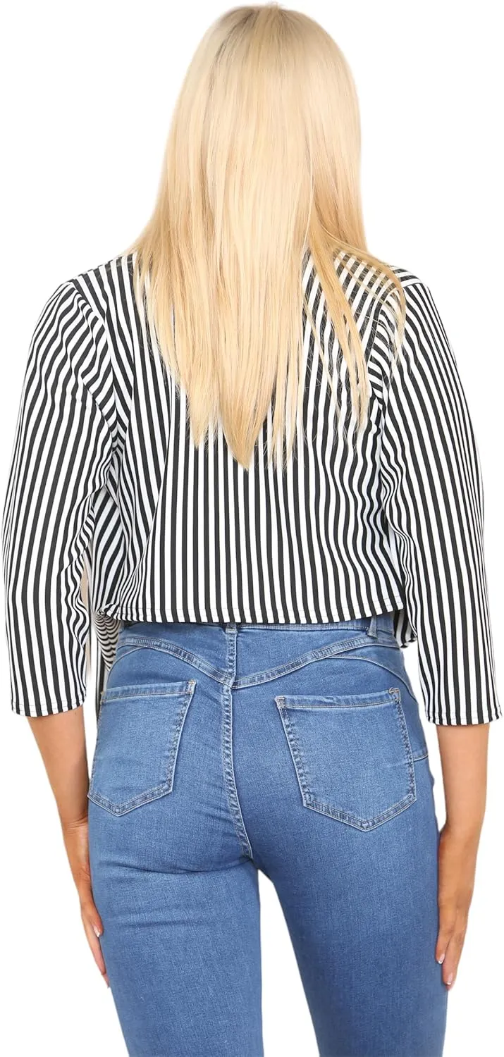 Grunge Wear Women's 3/4 Sleeve Vertical Stripes Print Open Front Blazer Coat Top Plus Size S-3XL