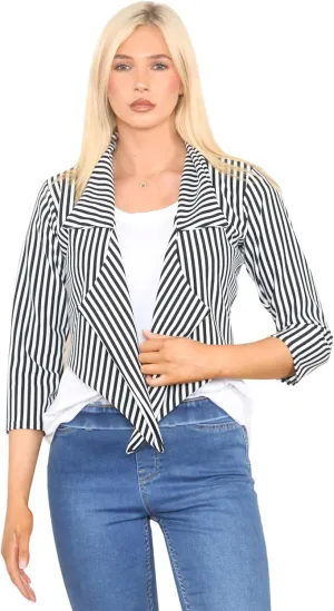 Grunge Wear Women's 3/4 Sleeve Vertical Stripes Print Open Front Blazer Coat Top Plus Size S-3XL