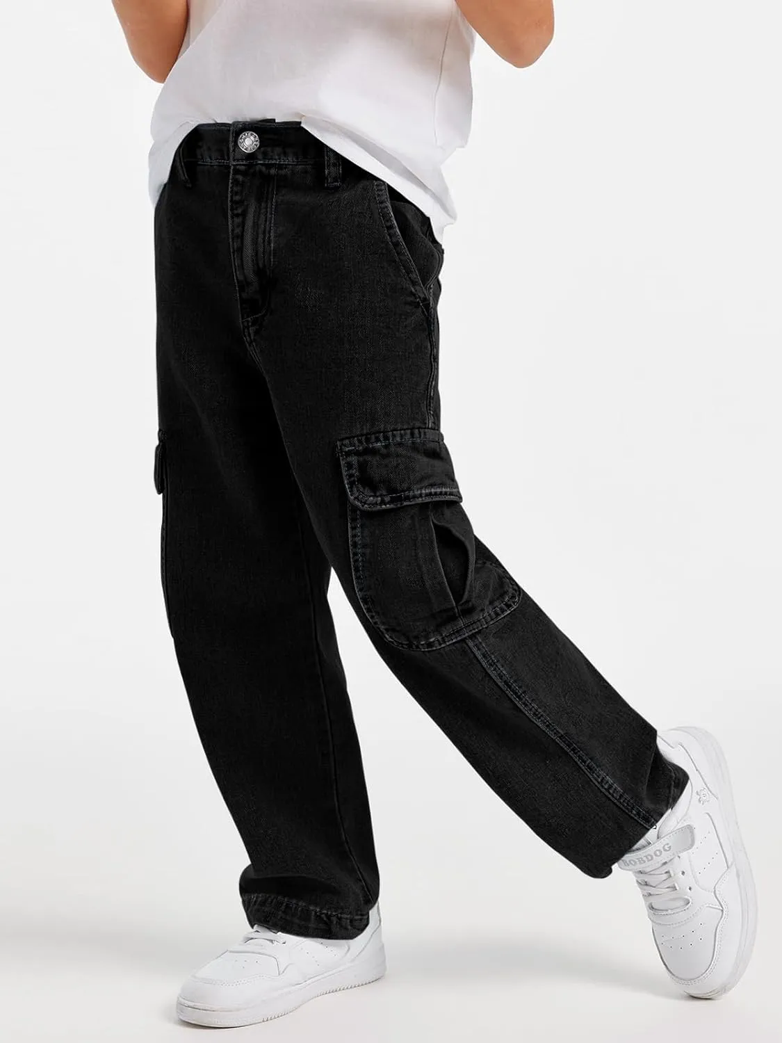 Haloumoning Boys Cargo Baggy Pants Elastic Waist Wide Leg Jeans Casual Demin Pants with Pockets 5-14 Years