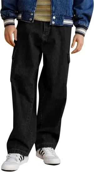 Haloumoning Boys Cargo Baggy Pants Elastic Waist Wide Leg Jeans Casual Demin Pants with Pockets 5-14 Years