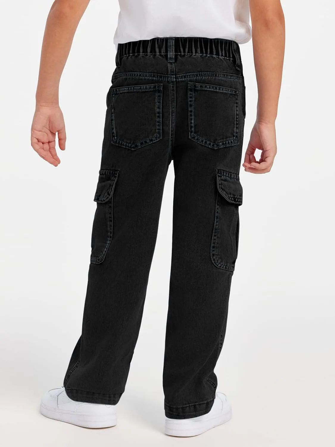 Haloumoning Boys Cargo Baggy Pants Elastic Waist Wide Leg Jeans Casual Demin Pants with Pockets 5-14 Years