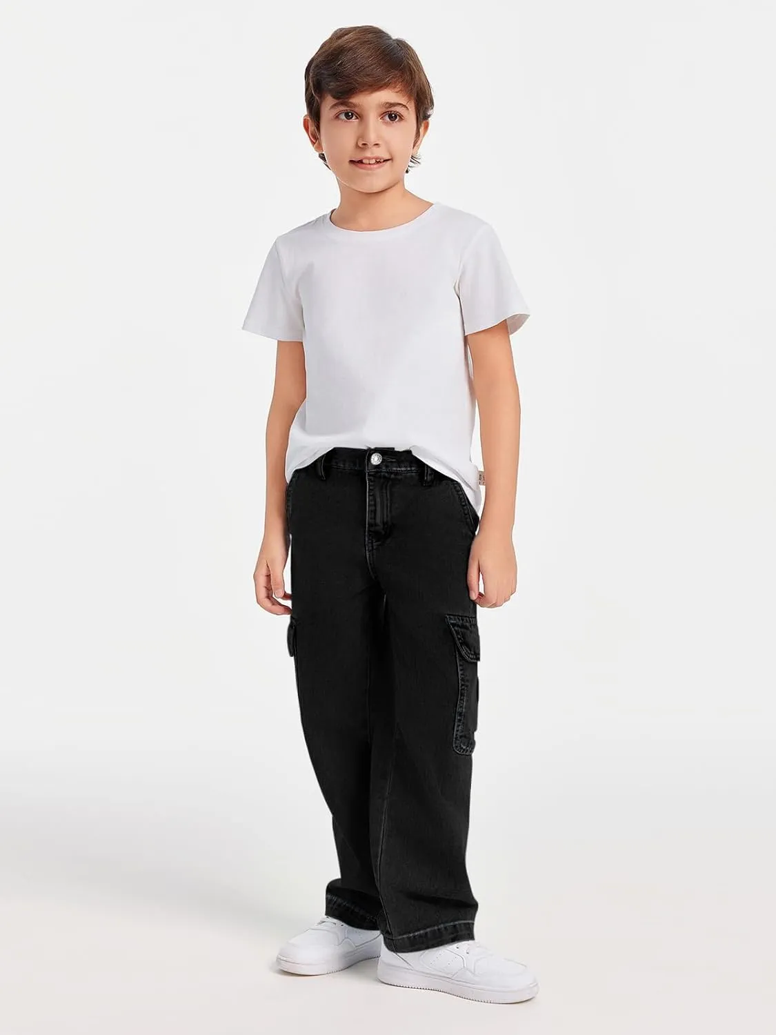 Haloumoning Boys Cargo Baggy Pants Elastic Waist Wide Leg Jeans Casual Demin Pants with Pockets 5-14 Years