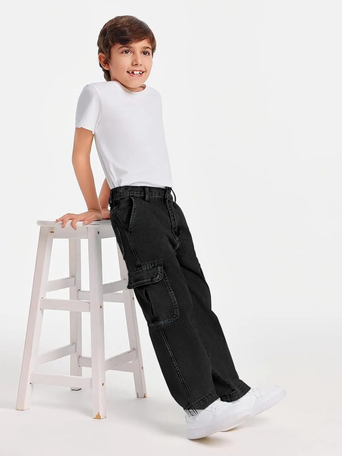 Haloumoning Boys Cargo Baggy Pants Elastic Waist Wide Leg Jeans Casual Demin Pants with Pockets 5-14 Years