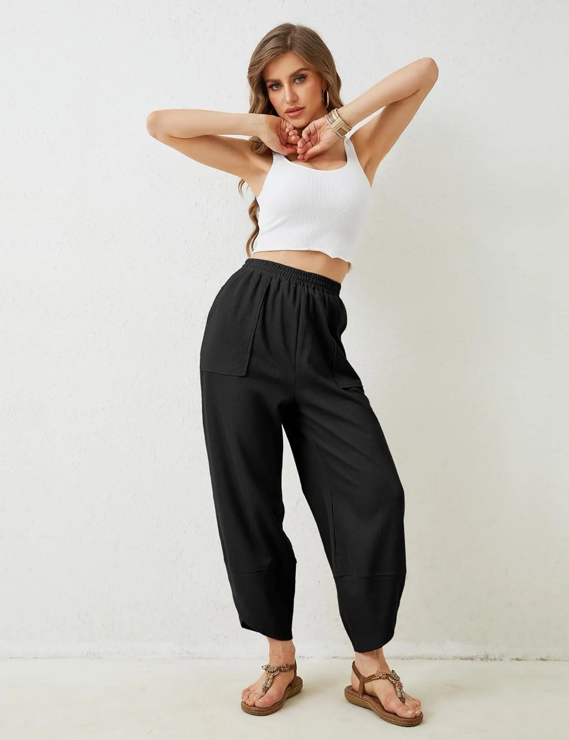 Himosyber Women Cotton Pants Wide Leg Pants Casual Loose Baggy Elastic Waist Beach Palazzo Harem Pants