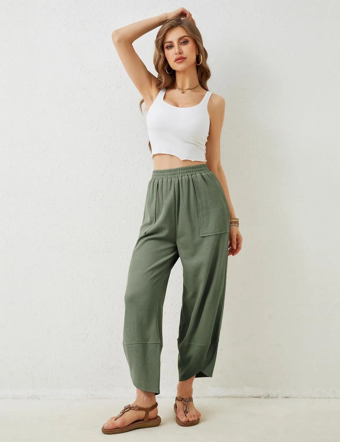 Himosyber Women Cotton Pants Wide Leg Pants Casual Loose Baggy Elastic Waist Beach Palazzo Harem Pants
