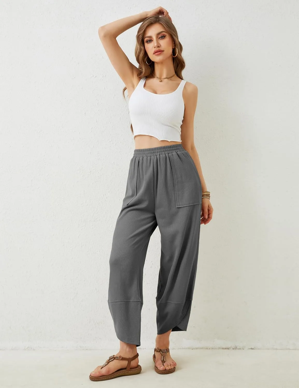Himosyber Women Cotton Pants Wide Leg Pants Casual Loose Baggy Elastic Waist Beach Palazzo Harem Pants
