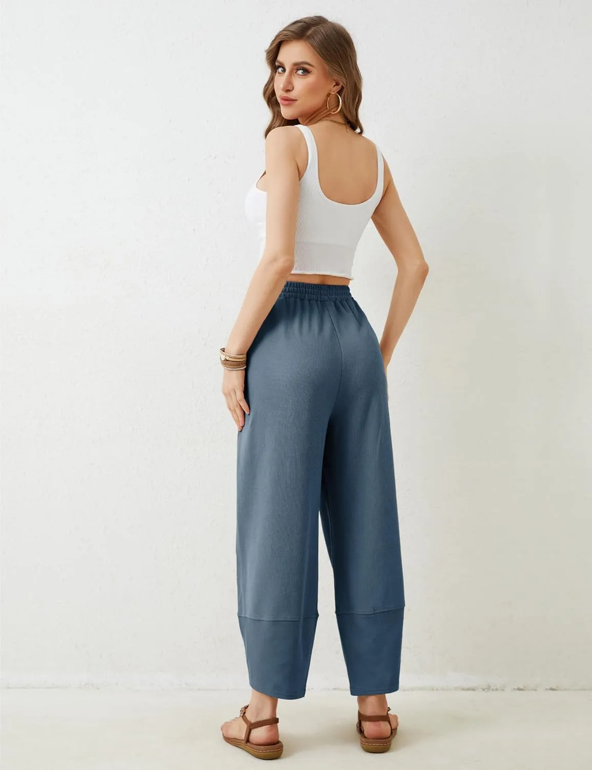Himosyber Women Cotton Pants Wide Leg Pants Casual Loose Baggy Elastic Waist Beach Palazzo Harem Pants