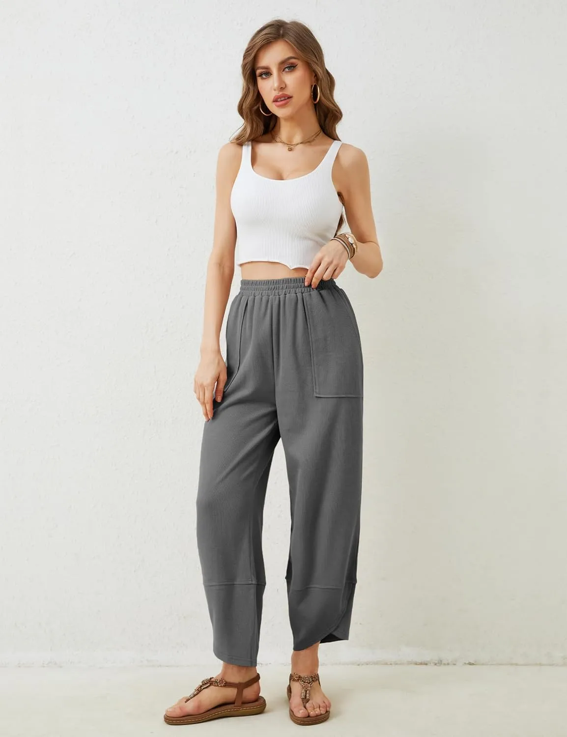 Himosyber Women Cotton Pants Wide Leg Pants Casual Loose Baggy Elastic Waist Beach Palazzo Harem Pants
