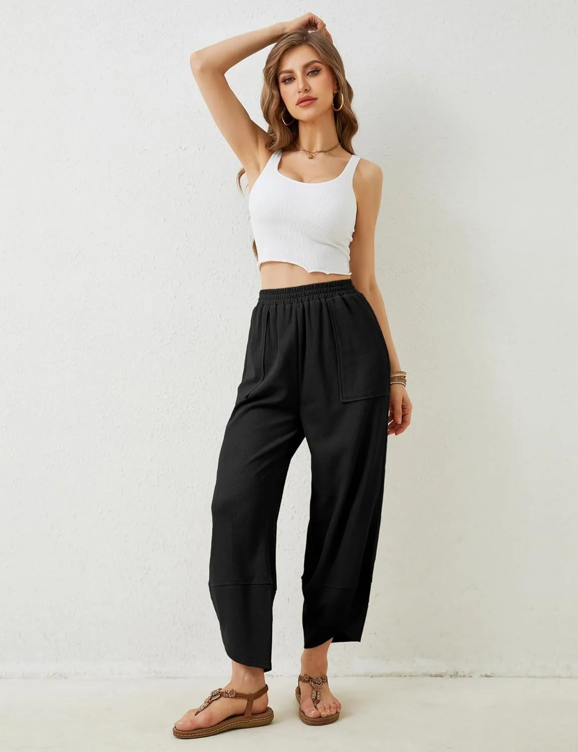 Himosyber Women Cotton Pants Wide Leg Pants Casual Loose Baggy Elastic Waist Beach Palazzo Harem Pants