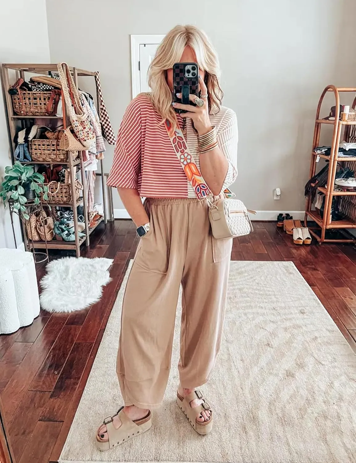 Himosyber Women Cotton Pants Wide Leg Pants Casual Loose Baggy Elastic Waist Beach Palazzo Harem Pants