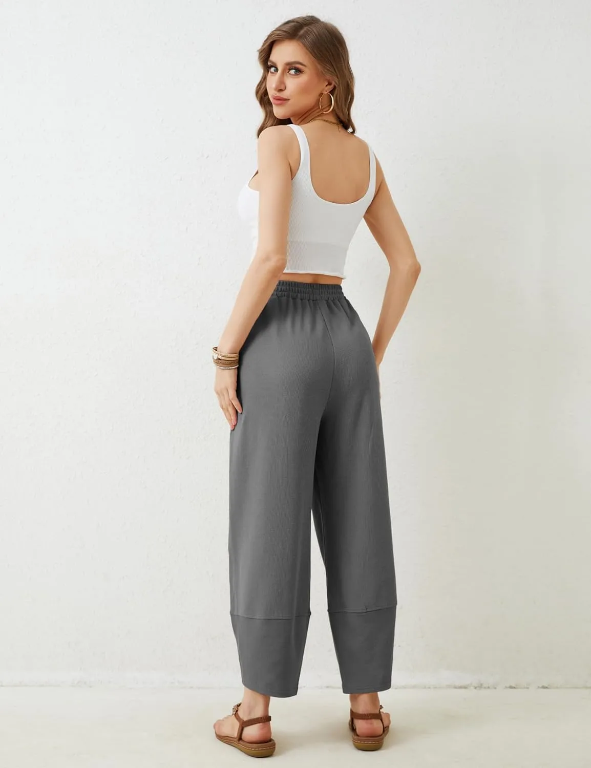 Himosyber Women Cotton Pants Wide Leg Pants Casual Loose Baggy Elastic Waist Beach Palazzo Harem Pants