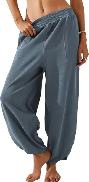 Himosyber Women Cotton Pants Wide Leg Pants Casual Loose Baggy Elastic Waist Beach Palazzo Harem Pants