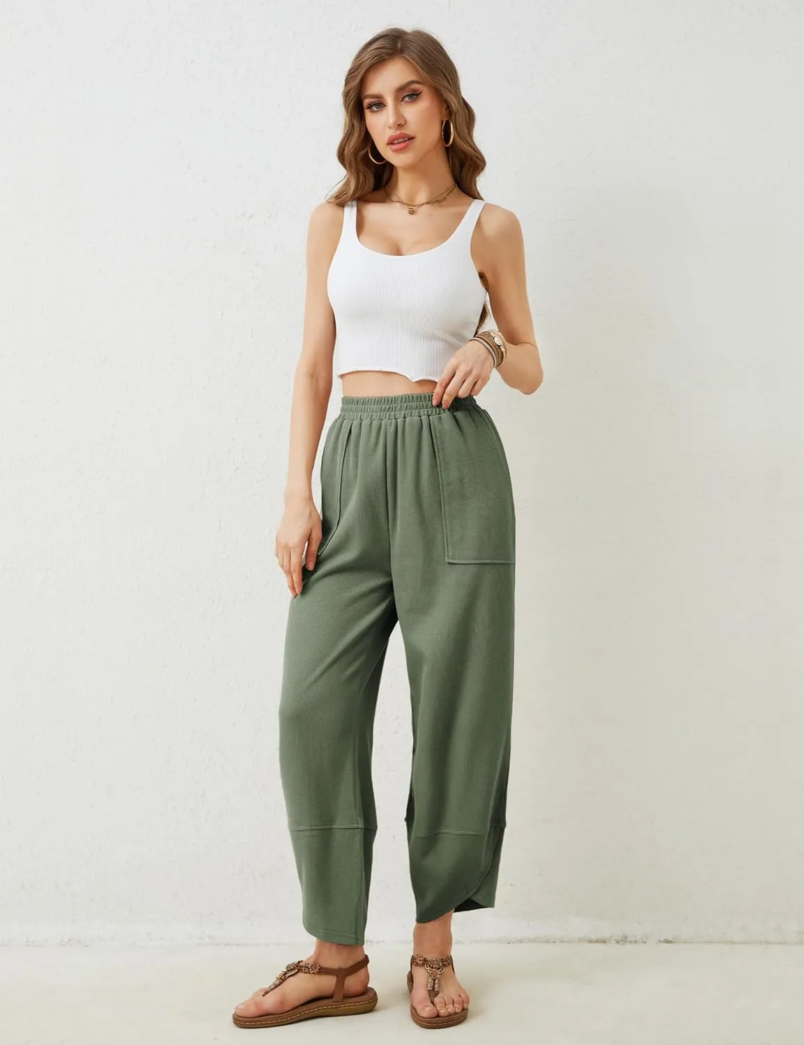 Himosyber Women Cotton Pants Wide Leg Pants Casual Loose Baggy Elastic Waist Beach Palazzo Harem Pants