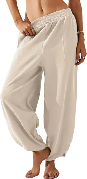 Himosyber Women Cotton Pants Wide Leg Pants Casual Loose Baggy Elastic Waist Beach Palazzo Harem Pants