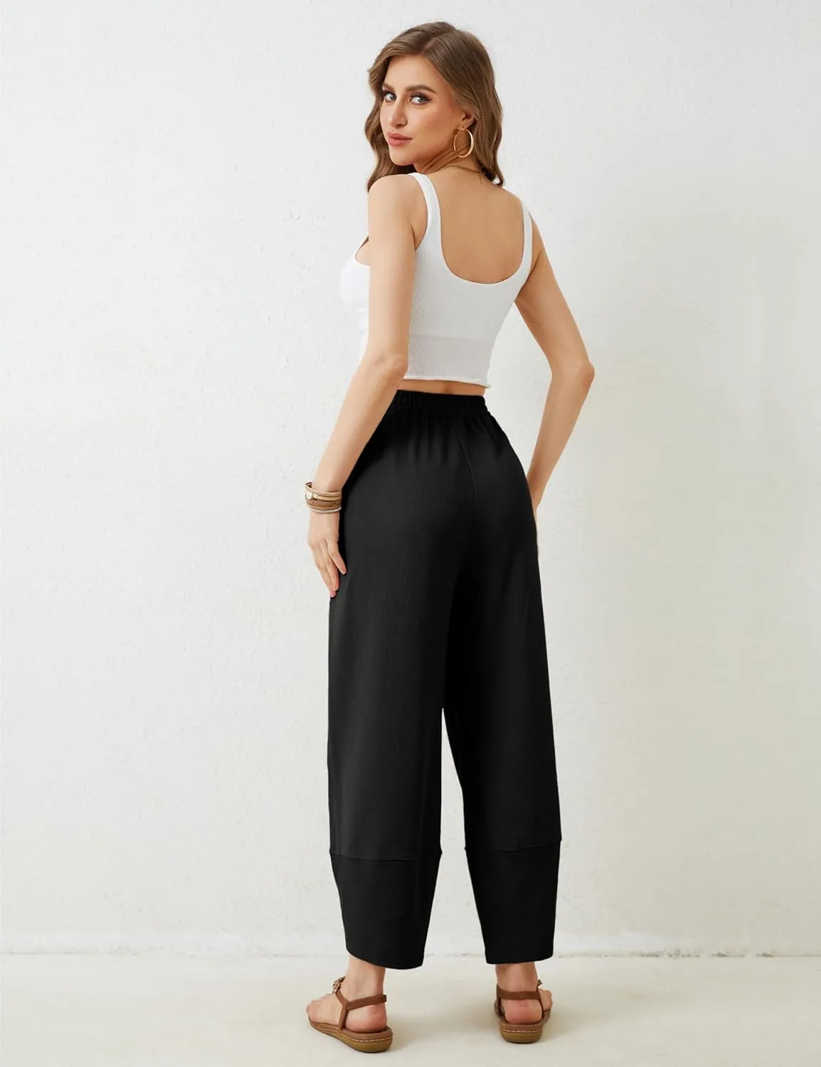 Himosyber Women Cotton Pants Wide Leg Pants Casual Loose Baggy Elastic Waist Beach Palazzo Harem Pants